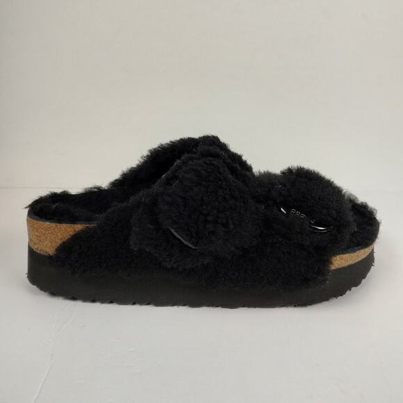 Birkenstock Papillio Arizona Teddy black fur loungewear sandals womens 7-7.5(38) - Picture 1 of 8